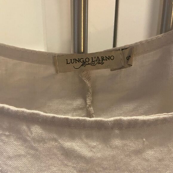 Lungo L’Arno Italy 100% Linen Ruffled Hem 3/4 Sleeve Tunic Top Beige Size Small - Picture 3 of 9
